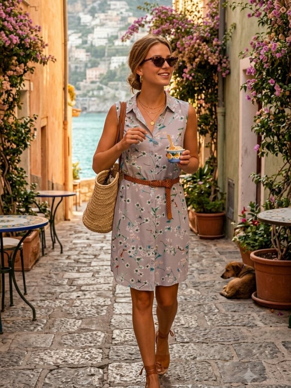Amaryllis Light Blue Floral Button Front Summer Midi Dress Cottagecore Size M